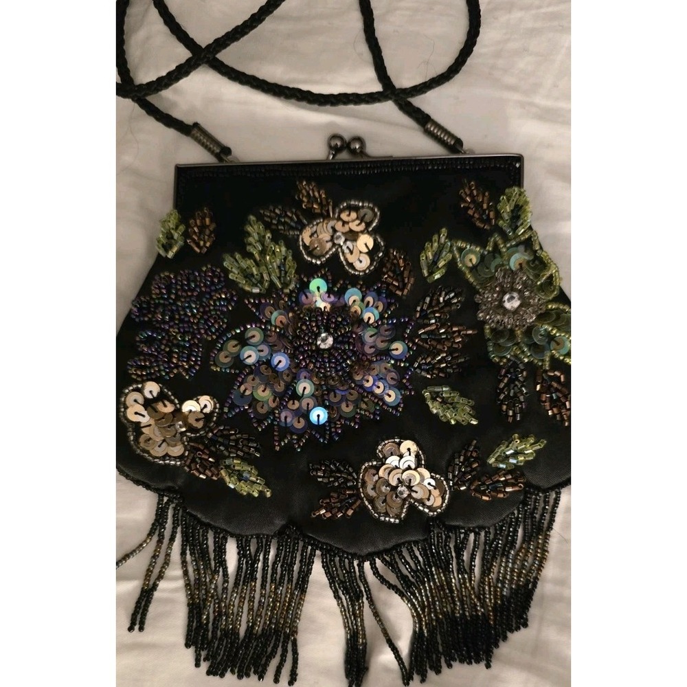 Black‎ Sequin Bead Embellished Evening Bag Crossbody Purse Kiss Clasp 1 Pocket
